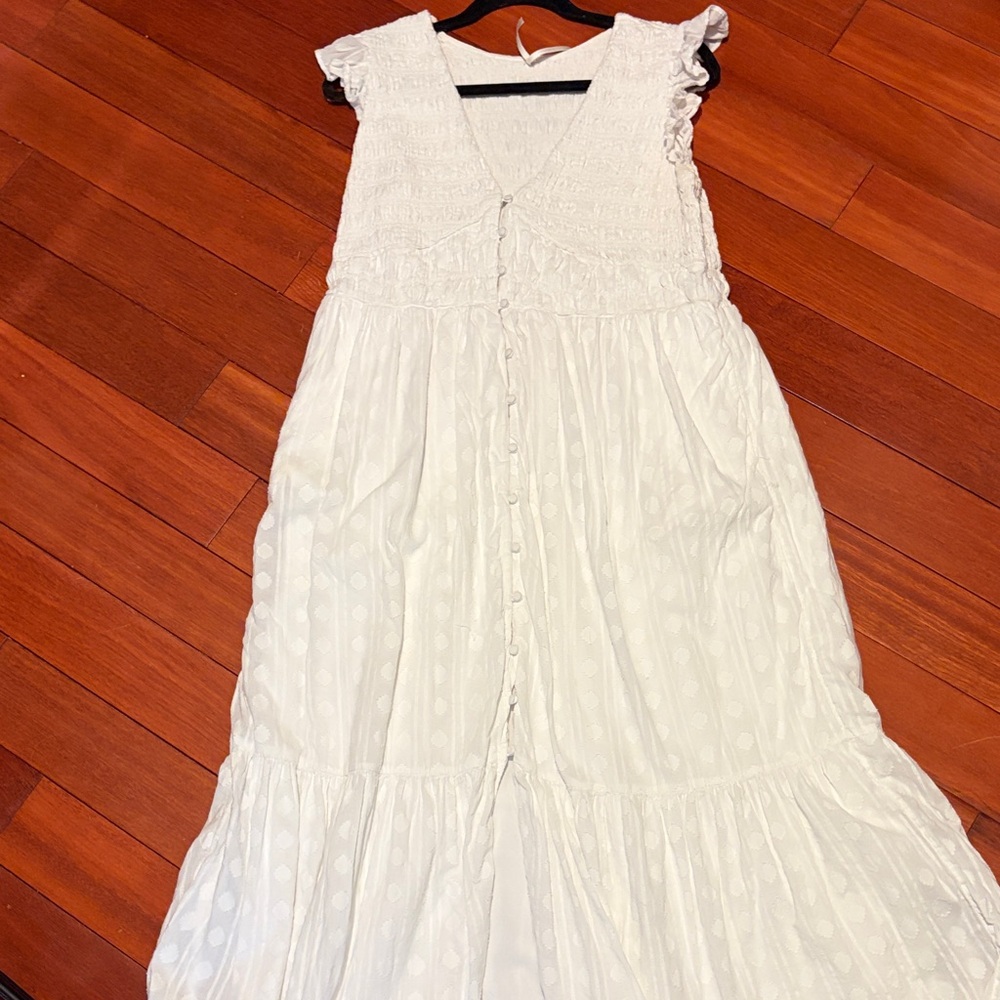 Anthropologie White Flutter-Sleeve Button-Front Maxi Dress